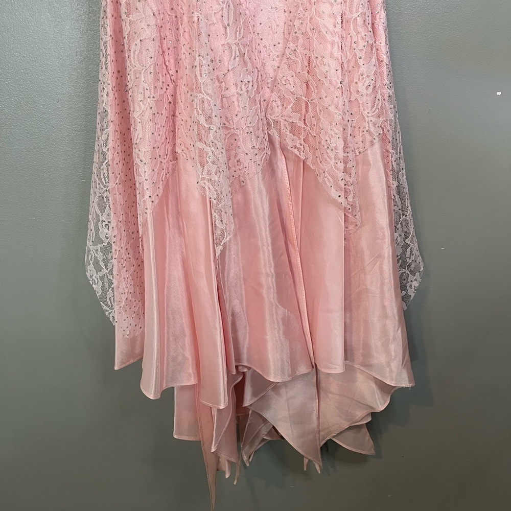 Nuance x Vintage 80s Cinderella Pink Tiered Asymmetrical Lace Rhinestone Dress - Picture 5 of 13